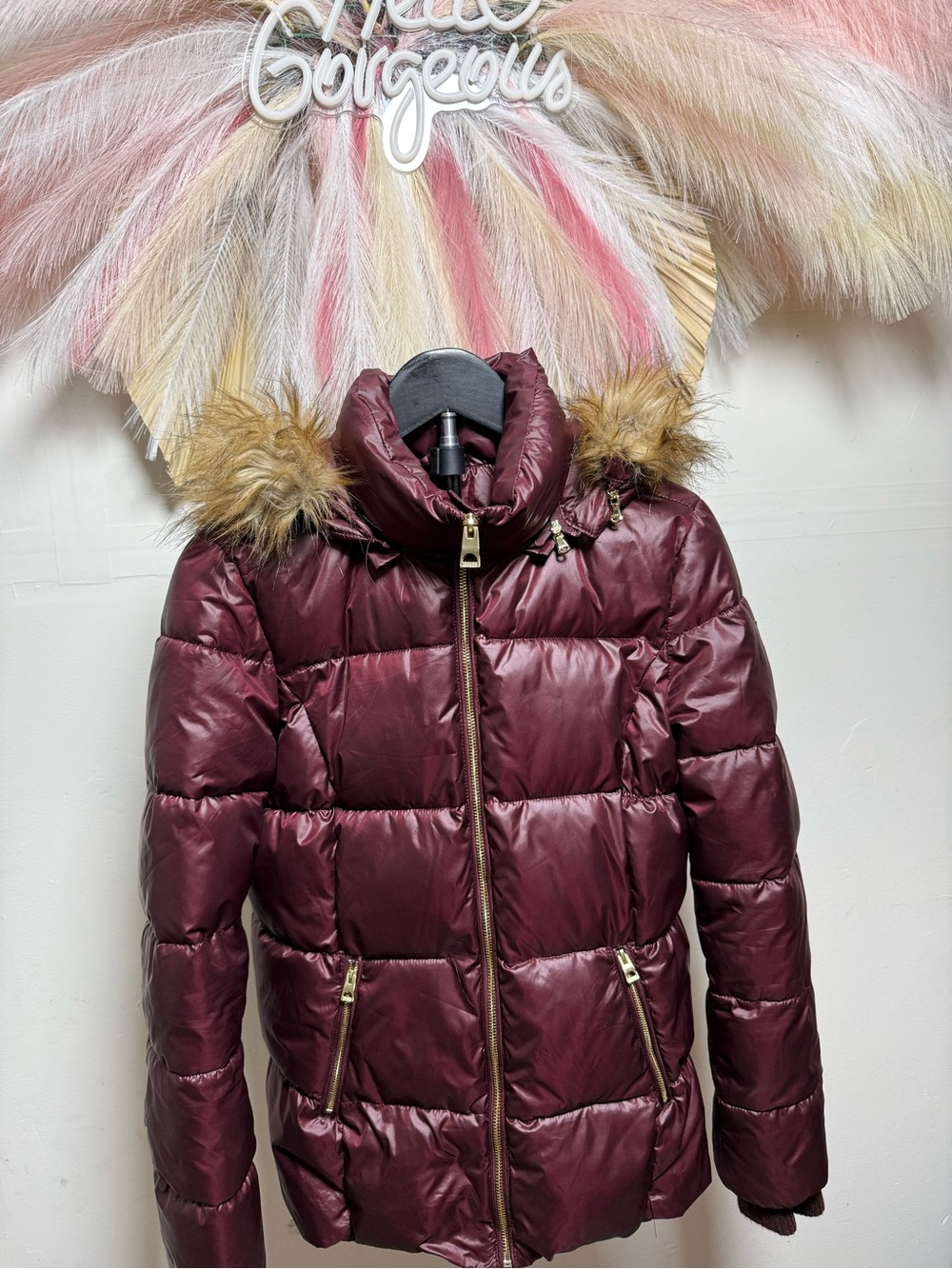 Guess Maroon Quilted Puffer Jacket with Faux Fur Hood Trim
